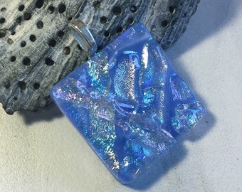 Blue Dichroic Glass Pendant, Fused Glass Jewelry, Textured Glass, Cabochon, Pale Blue Dichroic, Square Necklace, Chain Included, P1031-3