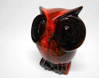 Evangeline Owl Piggy Bank Figurine Reddish Orange Drip Glaze Canadian Art Pottery Vintage