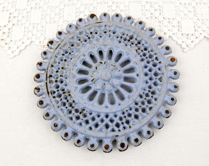 Rare Antique French Cast Iron Pale Blue Chippy Enamelware Trivet, Hot Plate, Heat Mat, Cottage Kitchen, French Country Decor, Kitchenware