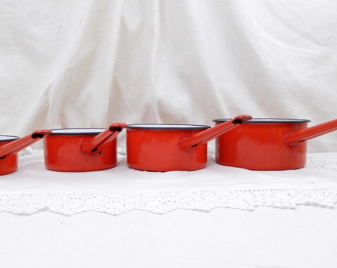 4 Matching Set of Vintage French Bright Red and White Enamelware Cooking Pans, Cooking Pots, Kitchenware, French Country Decor, Retro Cook