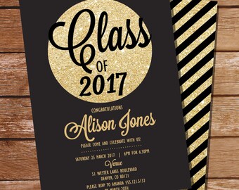 Black and Gold Graduation Invitation - Gold Graduation Invitation - Gold Glitter Invitation - Instant Download & Edit File with Adobe Reader