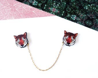 Tiger Collar Pins - Animal Collar Clips - Tiger Gift - Tropical Jewellery - Sweater Clip - Tiger Print - Tiger Jewellery - Tiger Brooch