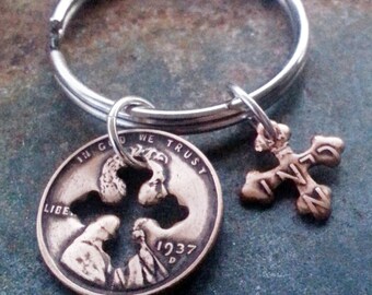 80th Birthday 1937 Penny Cross Key Chain 80th Birthday Gift Mother's Day 80th Anniversary Coin Jewelry made from a 1937 Penny