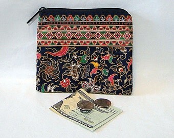 Coin Purse, Change Purse, Indonesian, Zipped Bay, Navy, Floral Print, Coin Pouch