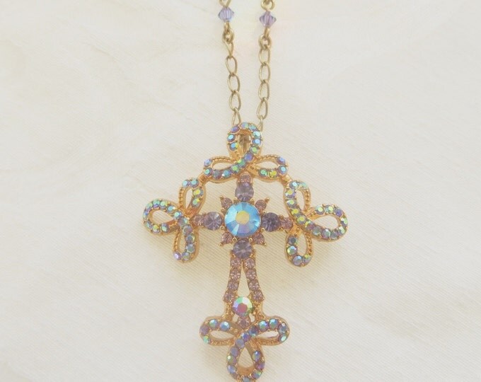 Vintage Kirks Folly Cross Necklace, Cross Brooch, Aurora Borealis Rhinestones, Crystal Beads
