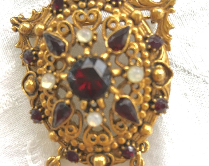 Vintage Florenza Dangle Brooch, Garnet Red and Moonstone Dangle PIn, Designer Signed Jewelry