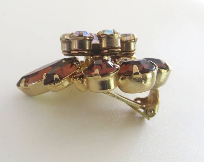 Vintage Rhinestone Earrings, Aurora Borealis and Navette Stones, Clip Earrings, 1960s Jewelry