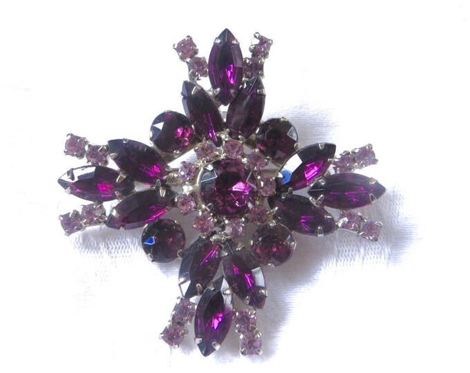 Rhinestone Maltese Cross Brooch, Vintage Malta Cross Pin, Purple Pendant, Navette Stones, Sparkling Beauty