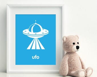 UFO Space Nursery Art Print - art poster - nursery art - child's room decor, playroom print