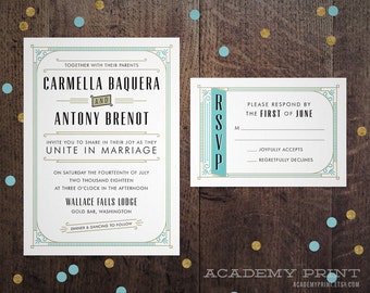 Art Deco Wedding Invitation and RSVP Printable, Great Gatsby Invite, Old Hollywood, 1920s Wedding, Roaring 20's, Gold and Turquoise, Vintage
