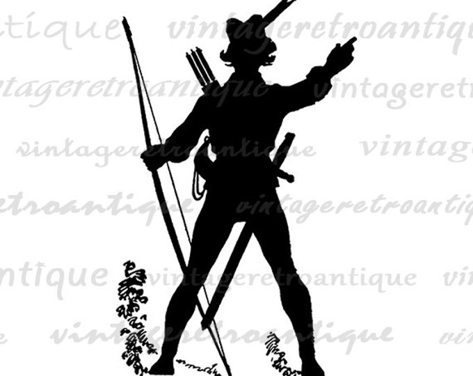 Robinhood Silhouette Digital Image Download Bow Arrow Archer Printable Graphic Jpg Png Eps HQ 300dpi No.3710