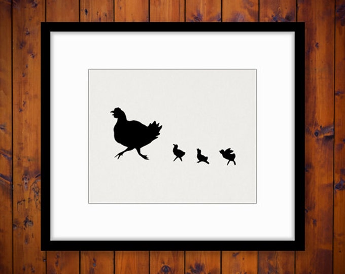 Chicken with Chicks Silhouette Printable Digital Image Graphic Download Antique Clip Art for Transfers etc HQ 300dpi No.3328