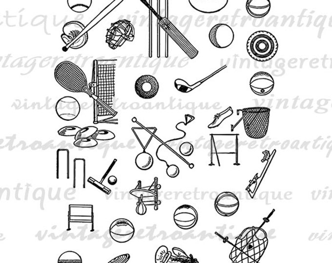 Printable Sports Collage Sheet Image Download Sports Equipment Graphic Digital Vintage Clip Art Jpg Png Eps HQ 300dpi No.4215