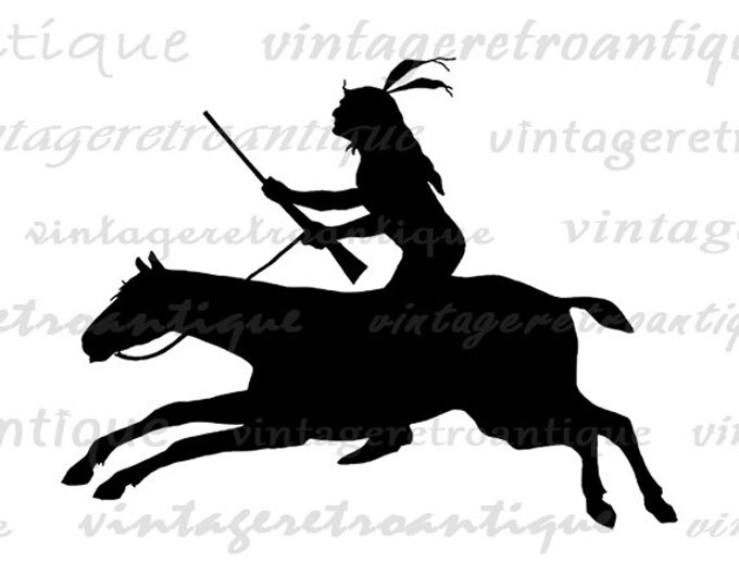 Native American Indian Riding Horse Silhouette Printable Graphic Image Digital Download Vintage Clip Art Jpg Png Eps HQ 300dpi No.3334