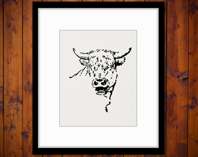 Digital Mad Cow Bull Image Graphic Horns Printable Animal Download Antique Clip Art Jpg Png Eps HQ 300dpi No.873