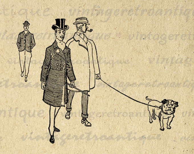 Walking a Bulldog Graphic Printable Digital Dog Download Image Antique Clip Art for Transfers Printing etc HQ 300dpi No.1632