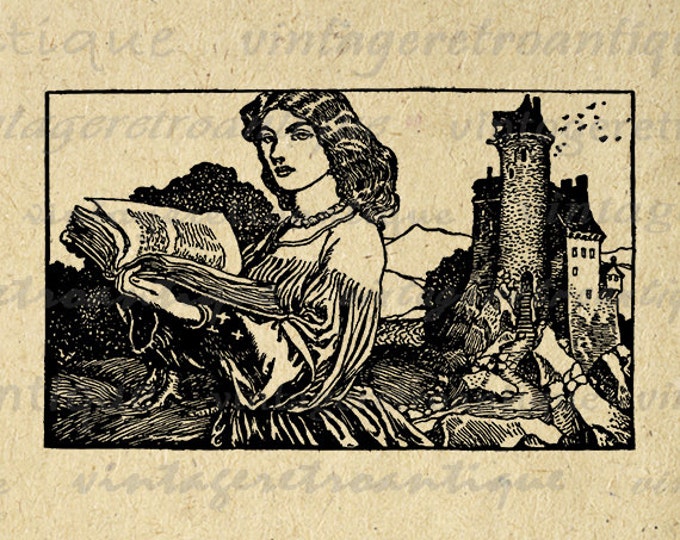 Medieval Lady with Book and Castle Graphic Digital Image Download Printable Vintage Clip Art Jpg Png Eps HQ 300dpi No.2836