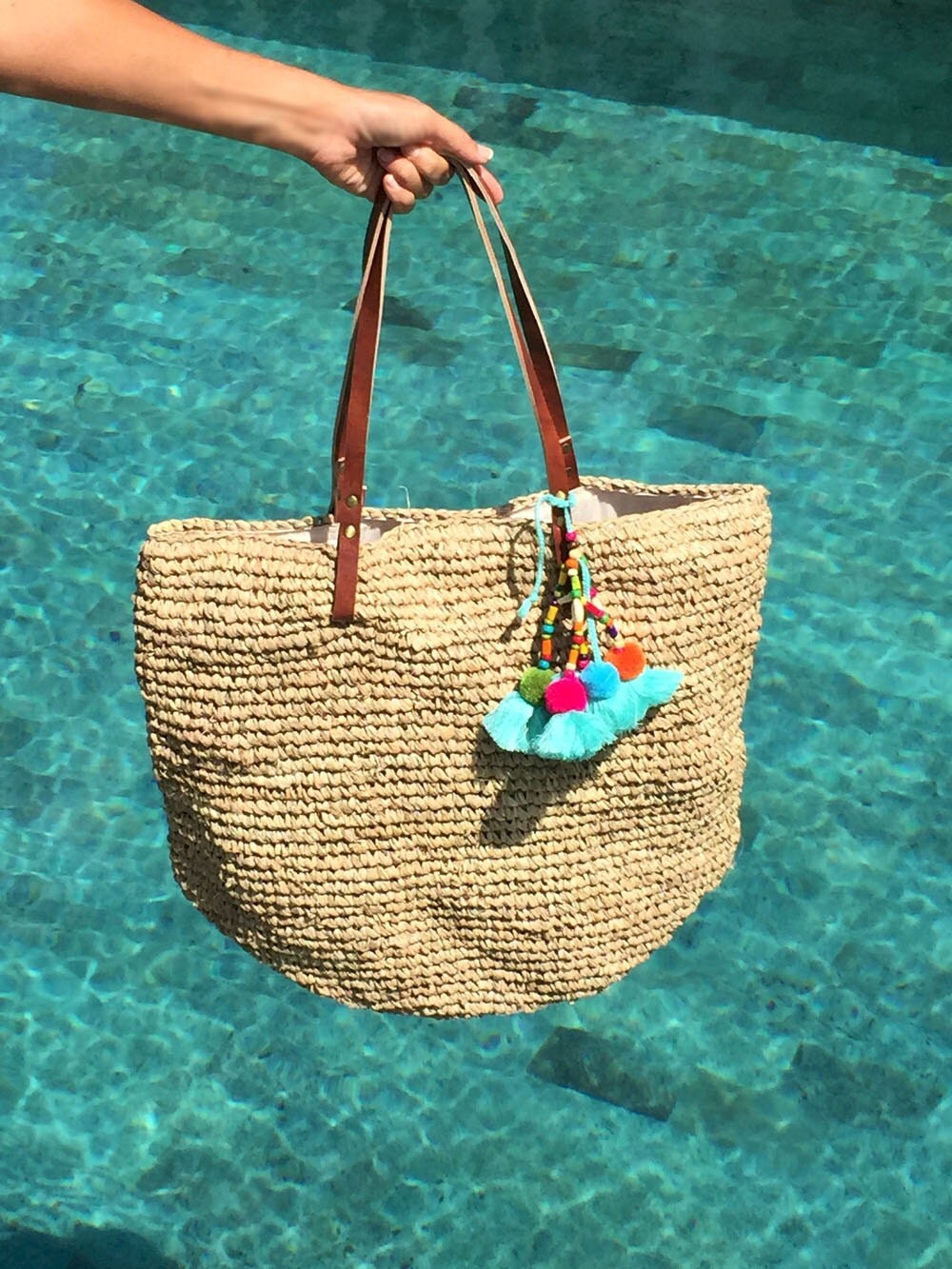 Trendy Tasseled Beach Tote Boho Bag Straw Bag Pom Pom by