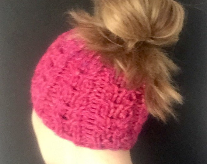 Fushcia Pink Cable Knit Messy Bun Hat, Magenta Speckled Purple, Blue, Yellow Chunky Bun Beanie, Ponytail Hat, Ponytail Beanie