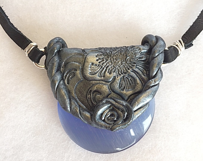 Blue Glass Western Leather Tooled Hand Sculpted Pendant on Black Deer Skin Leather Choker with Labradorite Charm on Silver Rose