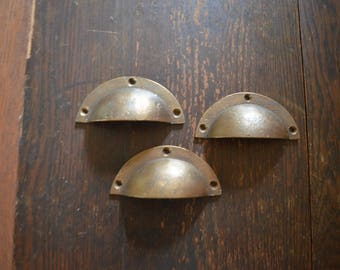 Set of three vintage heavy bronze pocket drawer pulls hardware