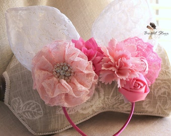 headband with ears - adult bunny ears - cute bunny ears - lace bunny ears headband - Pink bunny ears - Easter bunny ears - Bunny headband