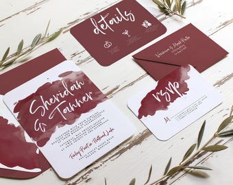 Burgundy Watercolor Wedding Invitation, Watercolor Invitations, DIY Wedding, Modern Invitations, Merlot Invitations, Maroon Invitations