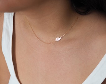 Off Side Feather Necklace, Sideways Necklace, Gift for Her, Available in Sterling Silver, Gold and Rose Gold