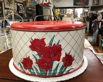 Metal cake carrier red and white tin