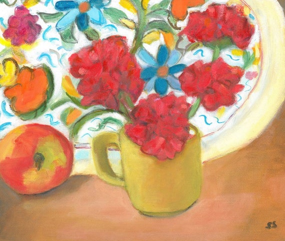 still life apples, flower painting, fruit still life, oil on canvas, kitchen decor, original oil painting, red decor , apple art,