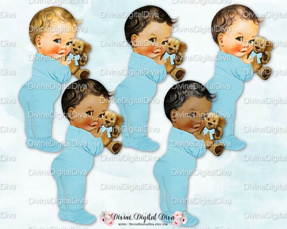 Vintage Baby Boy Blue Footie Pajamas & Teddy Bear | 4 Skin Tones | Clipart Instant Download