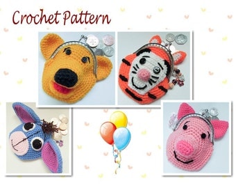Crochet Pattern Winnie The Pooh Bear Piglet Eeyore Tigger Animal Coin Purse Novelty Purse Character Purse Crochet Pattern Bundle