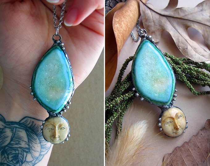 Necklace "Universe" with green druzy Agate and carved bone moon face. Custom length stainless steel chains.