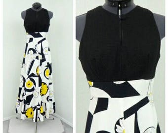Vintage 70s Black Maxi Dress, Hawaiian Dress, Boho Dress, Floral Dress, Keyhole Dress, Summer Dress, Sleeveless Dress, Long A Line Dress