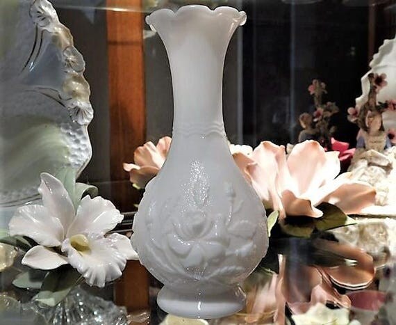 Vintage Imperial Glass Bud Vase White Milk Glass Embossed Roses 1950s Mid Century Country Cottage Farmhouse Home Decor Wedding Gift QTY 3