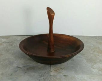 Vintage Mid-Century Black Walnut Bowl with Handle - MCM Bowl, Nut Bowl