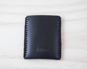 Leather card holder. Leather holder business card. Black color. Hand-stitched with crochet.