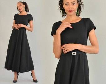 Laura Ashley Dress Vintage 80s Belted Midi Dress Cap Sleeve Full Circle Skirt Black Wool Crepe Lined Low Back Belted LBD Little Black Dress
