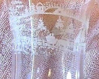 Vintage 1980s Homco Etched Winter Couple in Sleigh Horse Snow Church Glass Votive Cottage Country Barn Christmas Home Interior Candle Holder
