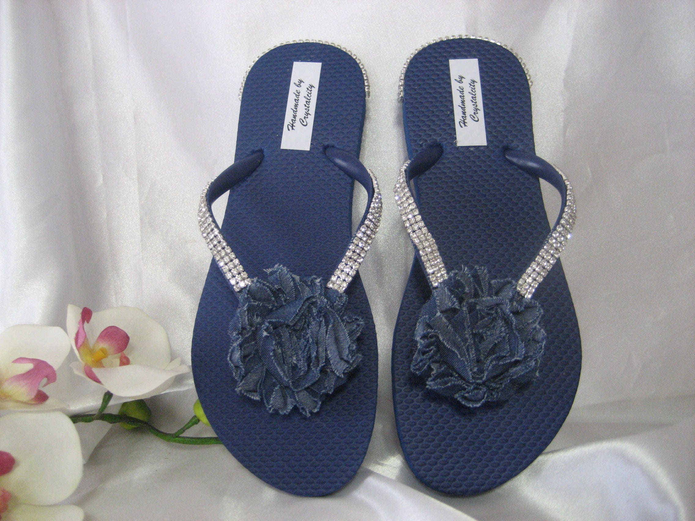 Navy Blue Flip Flops with Blue Denim Shabby Flower & Crystal