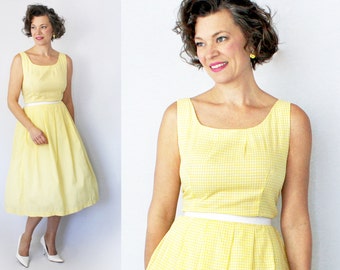 Vintage XL Dress / Size 14 Dress / Size 16 / 1960s Dress / 60s Dress / XL Dress / Sun Dress Sundress / Gingham Dress / Yellow / 34" Waist