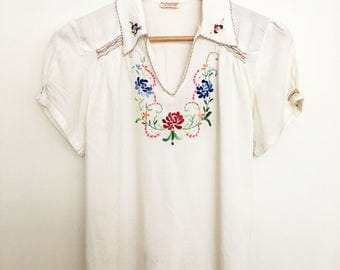 1920s hand stitched folk embroidered smocked blouse