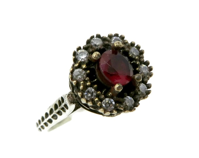 Ruby Topaz Cocktail Ring, Vintage Sterling Silver Antique Finish Ring, Size 6