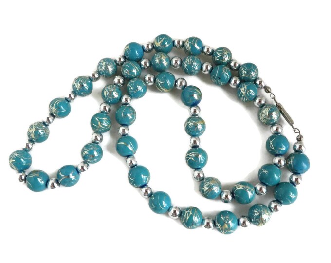 Teal Green Silver Tone Etched Bead Necklace, FREE SHIPPING