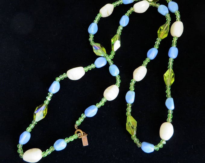 Hattie Carnegie Necklace Vintage Glass Bead Necklace, Signed Carnegie Necklace Blue, Green, Cream Art Glass Necklace, 29 inches Hattie Carnegie Necklace Vintage Glass Bead Necklace, Signed Carnegie Necklace Blue, Green, Cream Art Glass Necklace, 29 inches