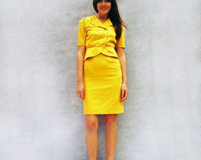 1980s Vintage Suit, Yellow Cotton Skirt Suit, 80s Power Suit, Power Dressing Matching Set Cotton Co-Ord Set 1980s Skirt + Jacket Fitted Suit