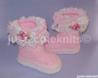 Hand Knitted Designer Baby Girl Booties Lots Of Lace Newborn Special Occasion Baby Shower Original Reborn Doll #60
