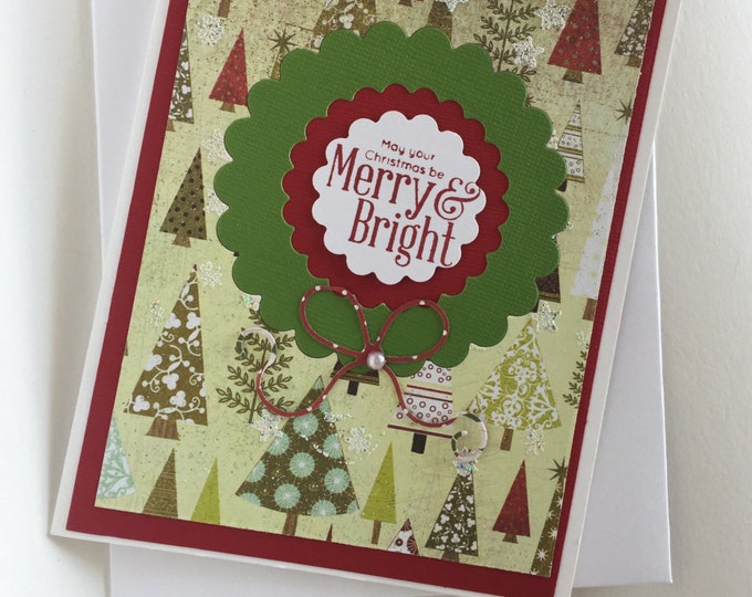 Merry Christmas Card /Christmas Card/ Holiday Card/ Christmas Wreath/Merry and Bright Christmas