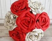 Paper Flower wedding bouquet rose origami ivory white sheet music bright red petite beautiful tea party 50s bridal garden party theme
