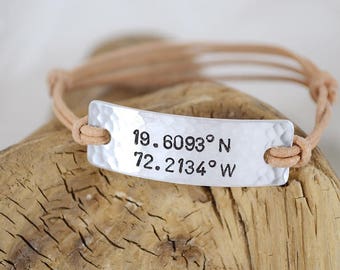 Custom Coordinate Bracelet - Latitude Longitude Bracelet - Rustic Leather Jewelry - Adjustable Bracelet - Unisex Jewelry - Pink Lemon Design